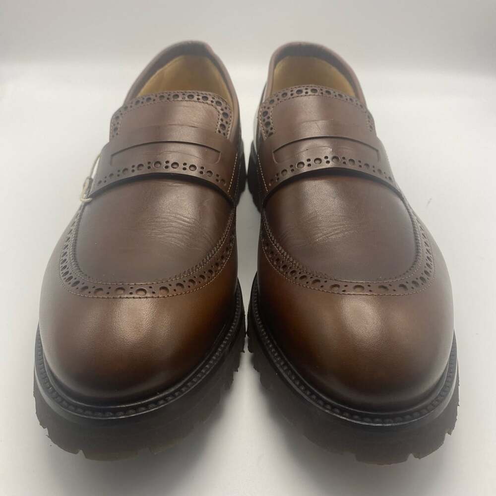 Testoni Brogue Lug Sole Penny Loafers Brown Leather Shoes Size 8 1/2 (DS1002)